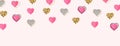 Glitter gold and watercolor pink hearts border. Valentines Day background. Bright doodle heart confetti. Romantic
