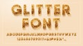 Glitter golden alphabet, numbers and signs with shadow. Bold gold letters sparkle of solar sequins. Shining vector font Royalty Free Stock Photo