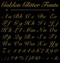 Glitter Golden Handwritten Fonts, Alphabet, Number On Black Back