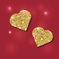 Glitter golden textured hearts on a red background.