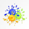 Glitter goo splash. Red, yellow and blue slime sparkles. Realistic 3d glossy drops and blots.