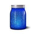 Glitter jar. Realistic object with shiny blue sparkles Royalty Free Stock Photo