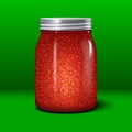 Glitter jar. Realistic object with shiny red sparkles Royalty Free Stock Photo