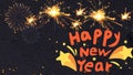 glitter lights illustration design at top with write happy new year with yellow object Stars with gradient background