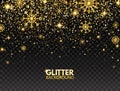 Glitter particles and snowflakes falling on transparent background. Gold glitter background. Luxury greeting card Royalty Free Stock Photo