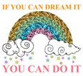 Glitter rainbow, clouds with stars and fashion slogan.