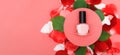 Glitter red nail polish bottle in a circle rose petals and leaves on red background Royalty Free Stock Photo