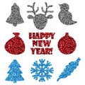 Glitter silver, red, blue snowflake, tree, deer, tree toy, bell, bird, inscription Happy New Year isolated on white Royalty Free Stock Photo
