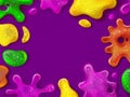 Glitter slime. Glossy goo splashes and sticky slimes blotches. Dripping border with gooey toy. Shiny kids color Royalty Free Stock Photo