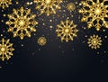 Glitter snowflakes with falling particles on dark background. Shining gold snowflakes with star dust. Sparkling Royalty Free Stock Photo