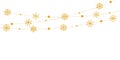 Glitter snowflakes garland on white background. Christmas golden decoration. Bright hanging snowflake and balls. Holiday party Royalty Free Stock Photo