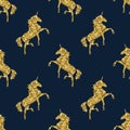 Colorful gold Unicorn on blue. Magical animal Pattern