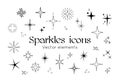 Glitter sparkle icons. Star twinkle, shiny festive elements, modern magic spark, light or glow decoration, flare