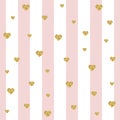 Glitter stripe seamless pattern of gold heart on white and pink lines. Royalty Free Stock Photo