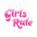 Glitter text Girls Rule. Drawing for kids clothes, t-shirts, fabrics or packaging or logo. Pink words with sparkles