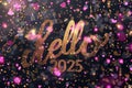 Sparkling Hello 2025 Text with Pink and Gold Bokeh Background Royalty Free Stock Photo