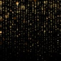 Glitter threads of curtain backdrop on black. Christmas and New Year effect. Gold particles lines rain. Fashion strass