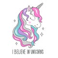 Glitter unicorn drawing for t-shirts. I believe in unicorns text. Design for kids. Fashion illustration drawing in modern style