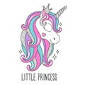 Glitter unicorn drawing for t-shirts. Little Princess text. Design for kids. Fashion illustration drawing in modern style for
