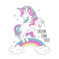 Glitter unicorn on a rainbow for t-shirts. Dream come true text. Design for kids. Fashion illustration drawing in modern style for