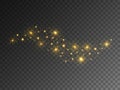 Glitter wave on transparent background. Gold light with bright stars. Sparkling effect and confetti. Christmas template