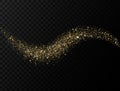 Glitter wave on transparent background. Gold sparkling glitter trail. Magic star dust. Glittery twirl with confetti