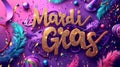 Glittering backdrop for Mardi Gras festivities, embellished with vibrant feathers and dazzling beads