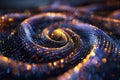 Glittering blue and gold spiral with swirling patterns created by mesmerizing particles, Glittering particles whirling in a Royalty Free Stock Photo