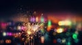 Glittering burning sparkler with multicolor defocused night city background.