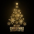 Glittering Christmas tree made of golden shining snowflakes on a black background. Elegant cover for greeting card. Happy New Year