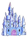 glittering crystal castle in watercolor and pencil lines in pink and purple tones