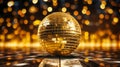 Glittering disco ball reflecting golden light beams on the dance floor, creating a dazzling spectacle and festive atmosphere Royalty Free Stock Photo