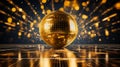 Glittering disco ball reflecting golden light beams on the dance floor creating a dazzling spectacle and festive atmosphere Royalty Free Stock Photo