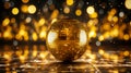 Glittering disco ball reflecting golden light beams on the dance floor creating a dazzling spectacle and festive atmosphere Royalty Free Stock Photo