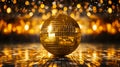 Glittering disco ball reflecting golden light beams on the dance floor creating a dazzling spectacle and festive atmosphere Royalty Free Stock Photo