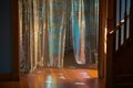 glittering foil curtains in doorway, no attendees