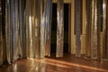 glittering foil curtains in doorway, no attendees