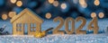 Golden house key alongside shimmering numbers 2024 on a snowy surface, symbolizing new beginnings and home ownership for Royalty Free Stock Photo