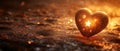 Glittering heart shaped decoration with embedded star patterns lying on a sandy surface illuminated by warm golden sparkles evo