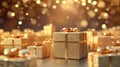Glittering holiday background adorned with radiant gold gift boxes, featuring a captivating gold gradient with mesmerizing bokeh