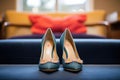 glittering party shoes on a velvet cushion Royalty Free Stock Photo