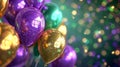 Glittering purple, green and gold balloons with a bokeh light background. Mardi gras decoration Royalty Free Stock Photo