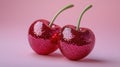 Glittering red cheries on pink background with green stems Royalty Free Stock Photo