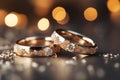 Glittering vows Silver and gold wedding rings on bokeh background