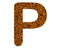 Glittery brown letter P on a white isolated background