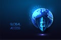 Global access, vpn concept with planet Earth globe and protective shield in futuristic glowing style