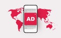 Global ad blocking. Red spam blocker and ban internet aggressive marketing skip global prohibition.