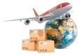 Global air freight concept. Parcels with aeroplane and Earth Globe, 3D rendering