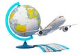 Global Air Travel concept. Airplane with tickets and geographical globe, 3D rendering