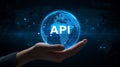 Global API connectivity concept with digital earth in hand showing global network connection for application programming interface Royalty Free Stock Photo